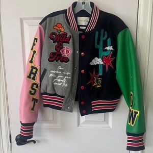 Trendy Multicolor Leather and Wool Bomber Jacket